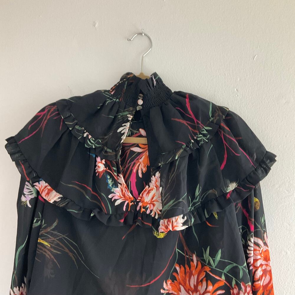 H&M Floral Ruffle Chiffon Blouse Black Sheer  Romantic Boho Top Size S - Picture 4 of 7